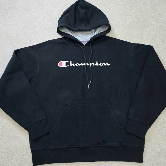 Champion Men's Black Script Logo Hoodie Sweatshirt Athletic Wear Size L Fleece - Picture 1 of 5